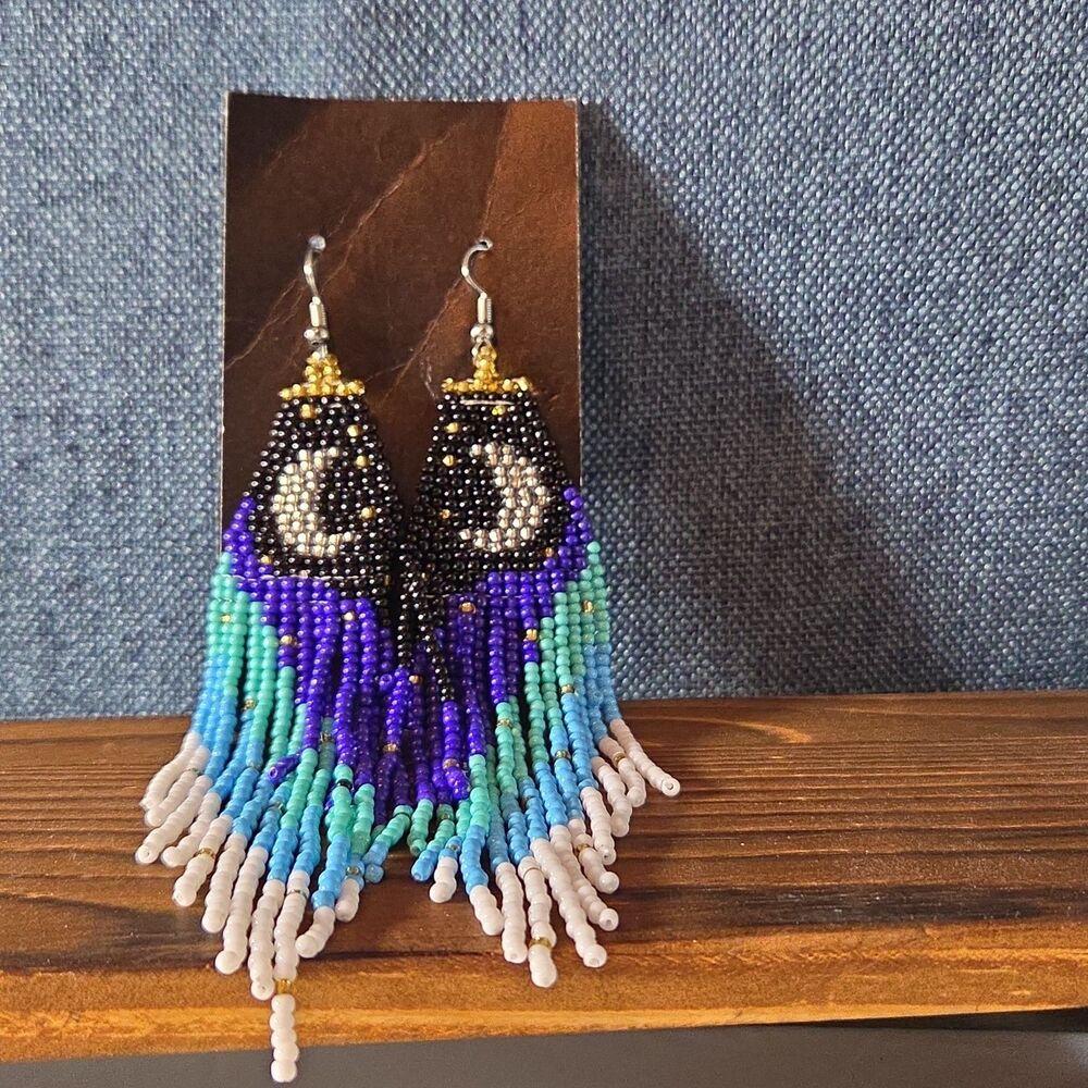 Boho Celestial Moon Seed Bead Fringe Dangle Earrings - Picture 15 of 16